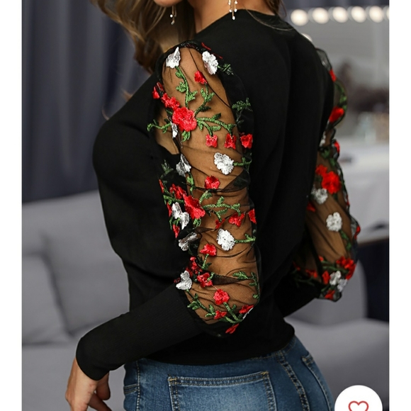 *2 left* Black Floral Mesh Sleeve Knit Top - Picture 3 of 8